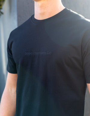 Man wearing black coloured tshirt with black embroidered design 